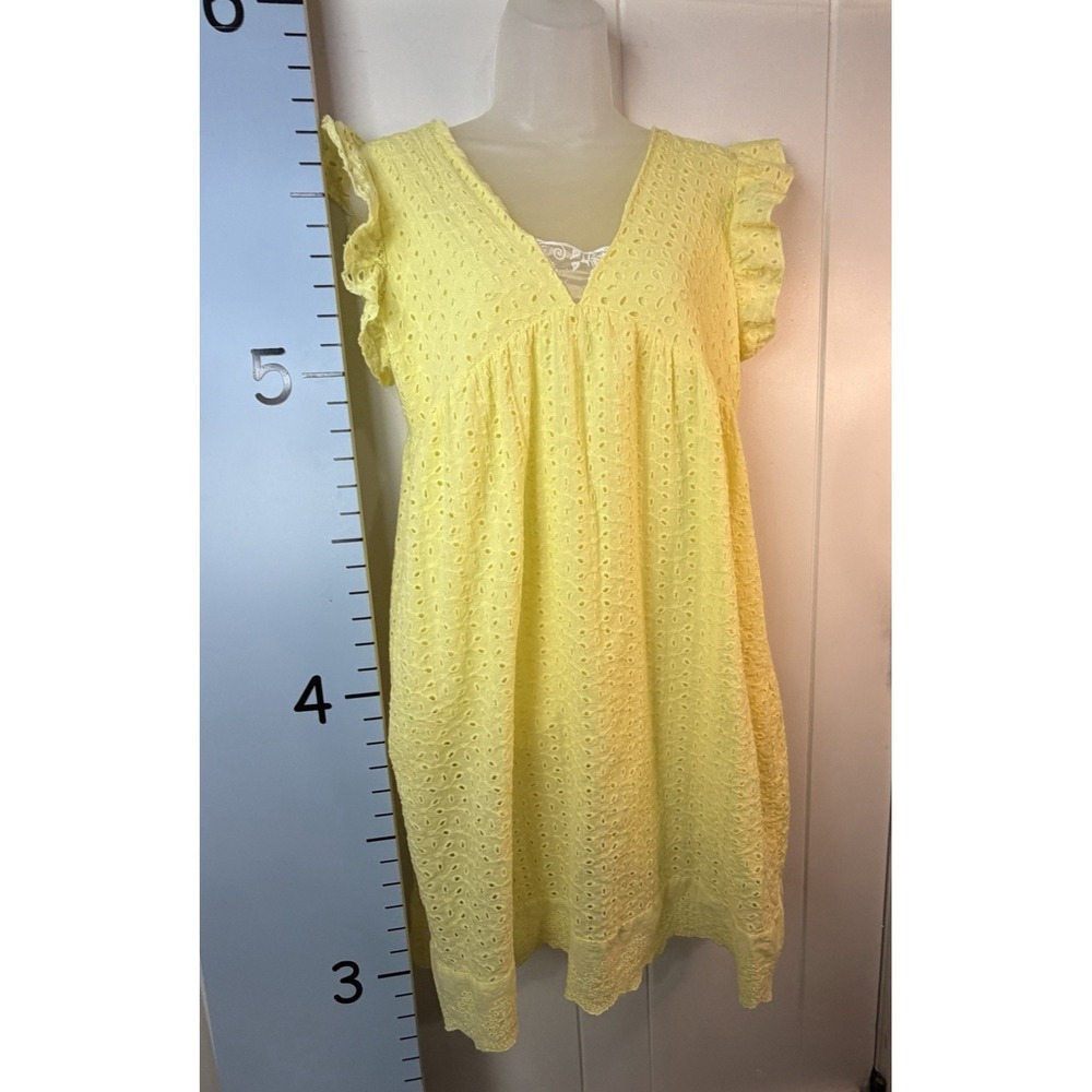 Yellow Eyelet Lace Jumper Babydoll Dress Medium Flutter Sleeve Lined Fairy Beach